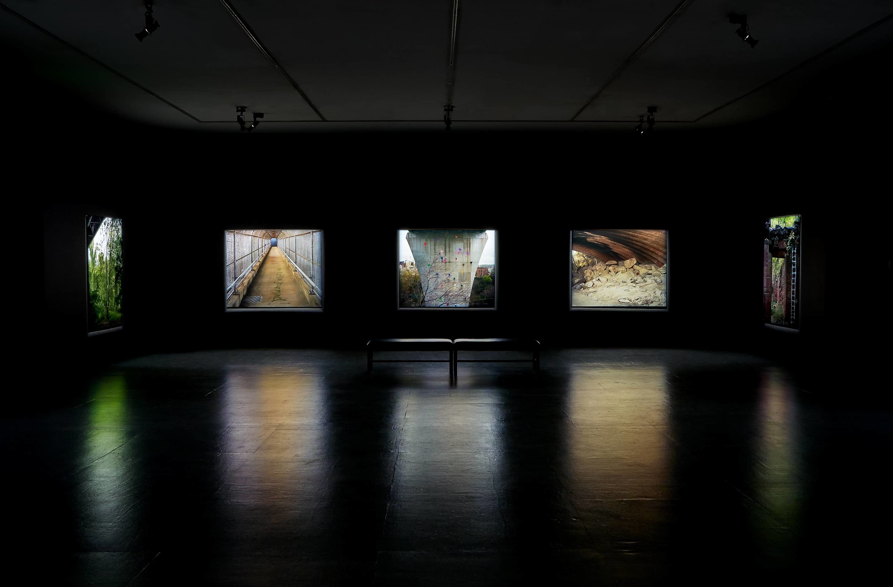 Five large photographs of bridges illuminated in a dark gallery, front view.