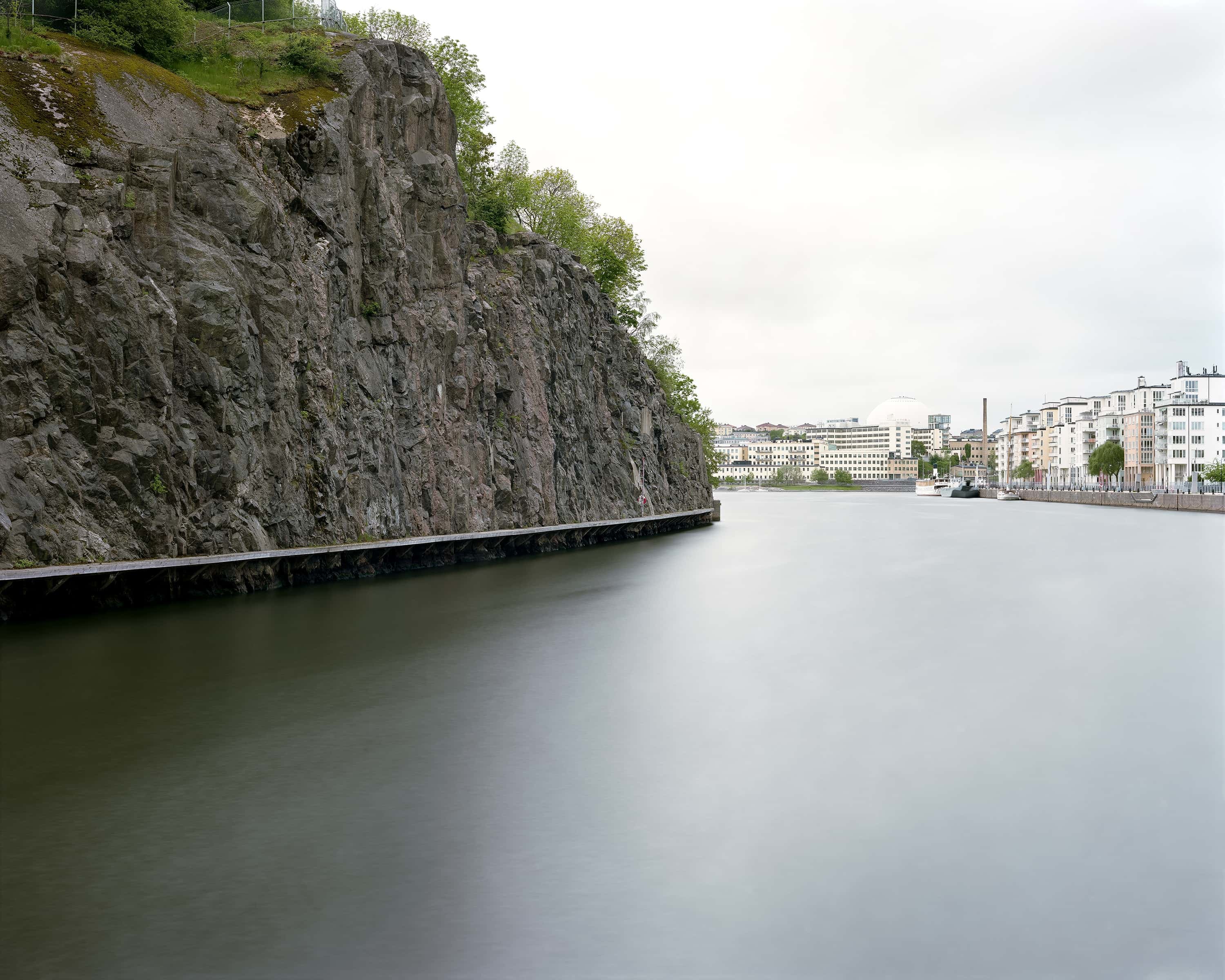 Open water and cliffs in Stockholm harbor near to where the Vasa sank.