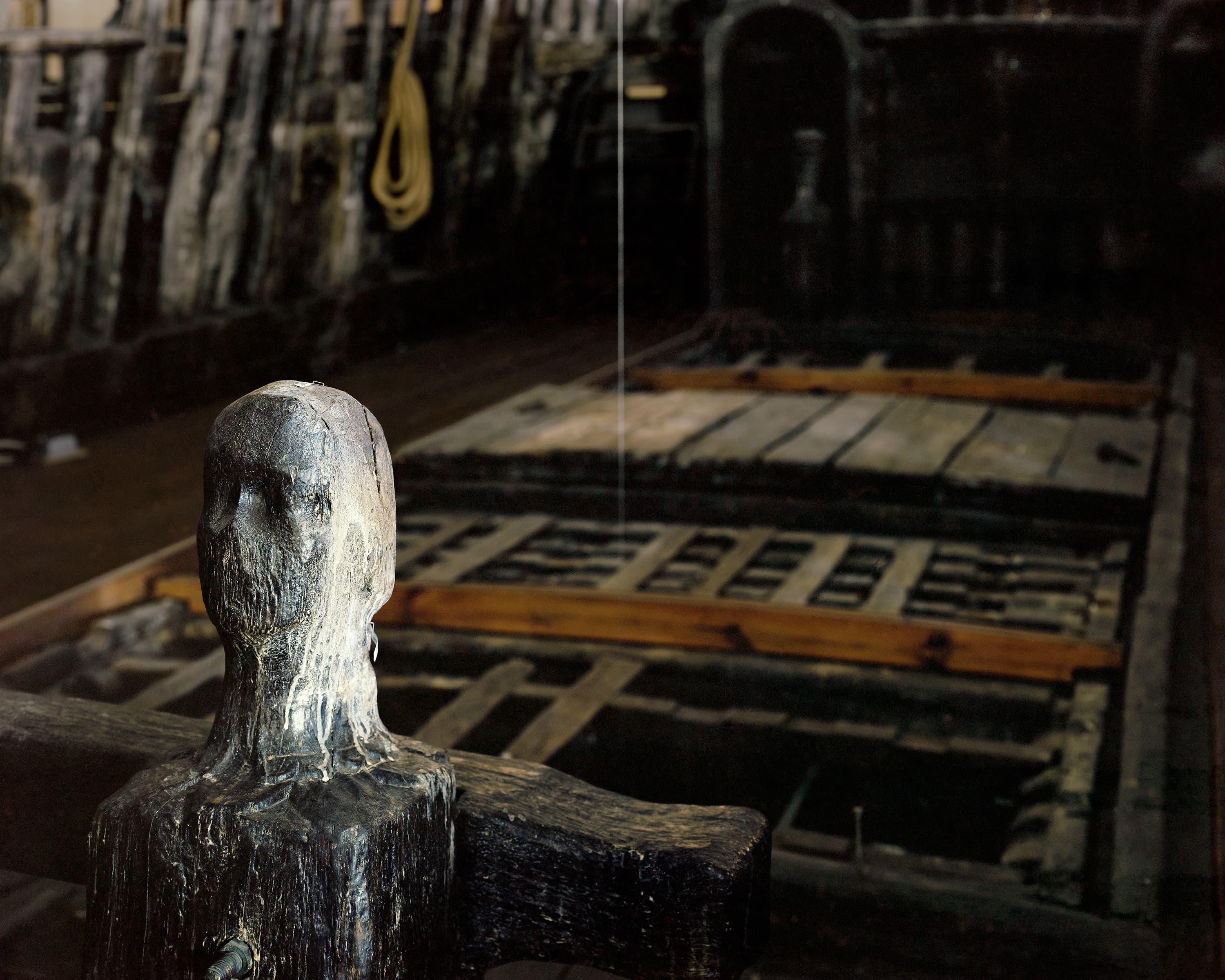 Deck of the Swedish warship Vasa including carved wooden posts.