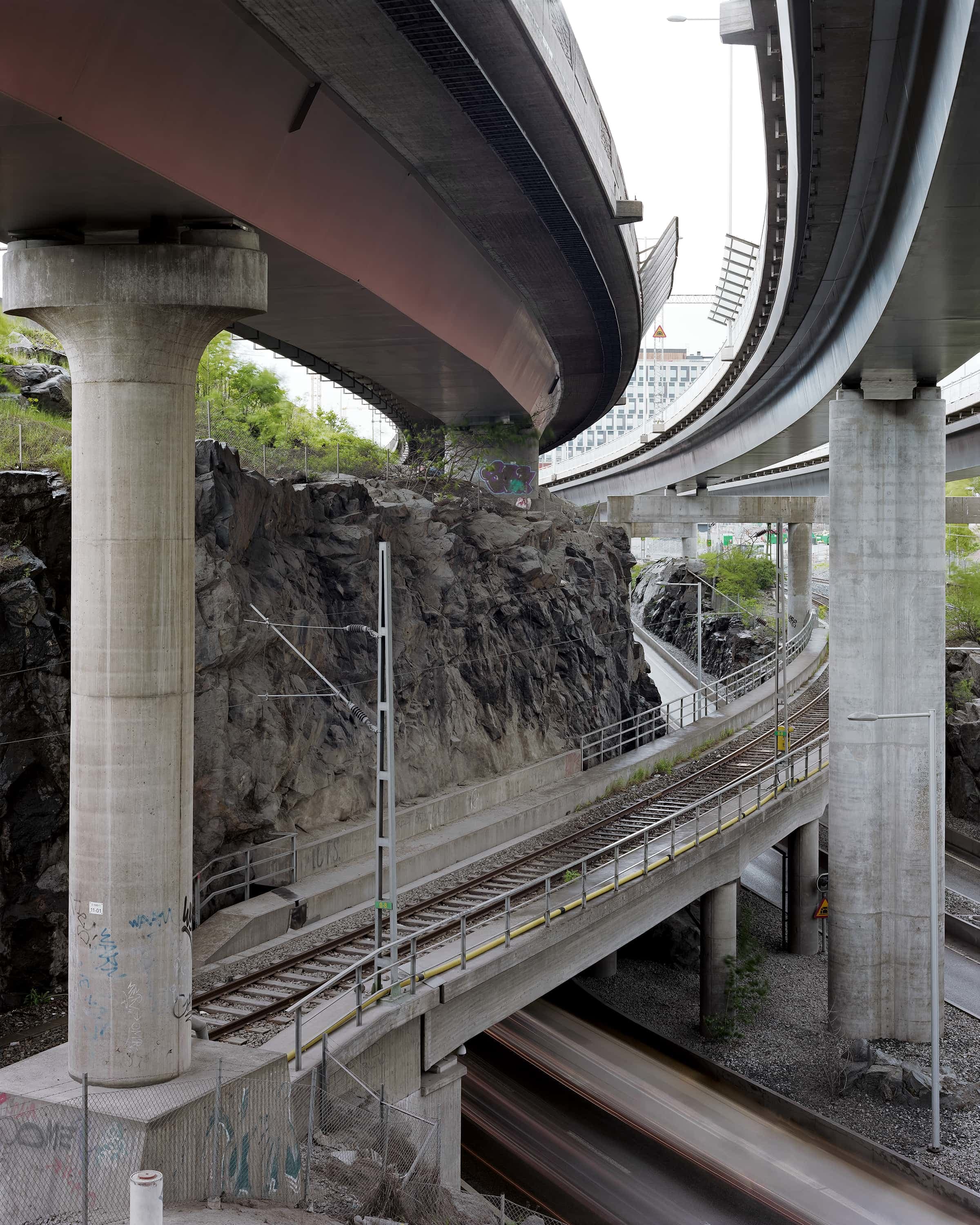 Layers of bridges and intersections along the northern ring-road around the city of Stockholm.