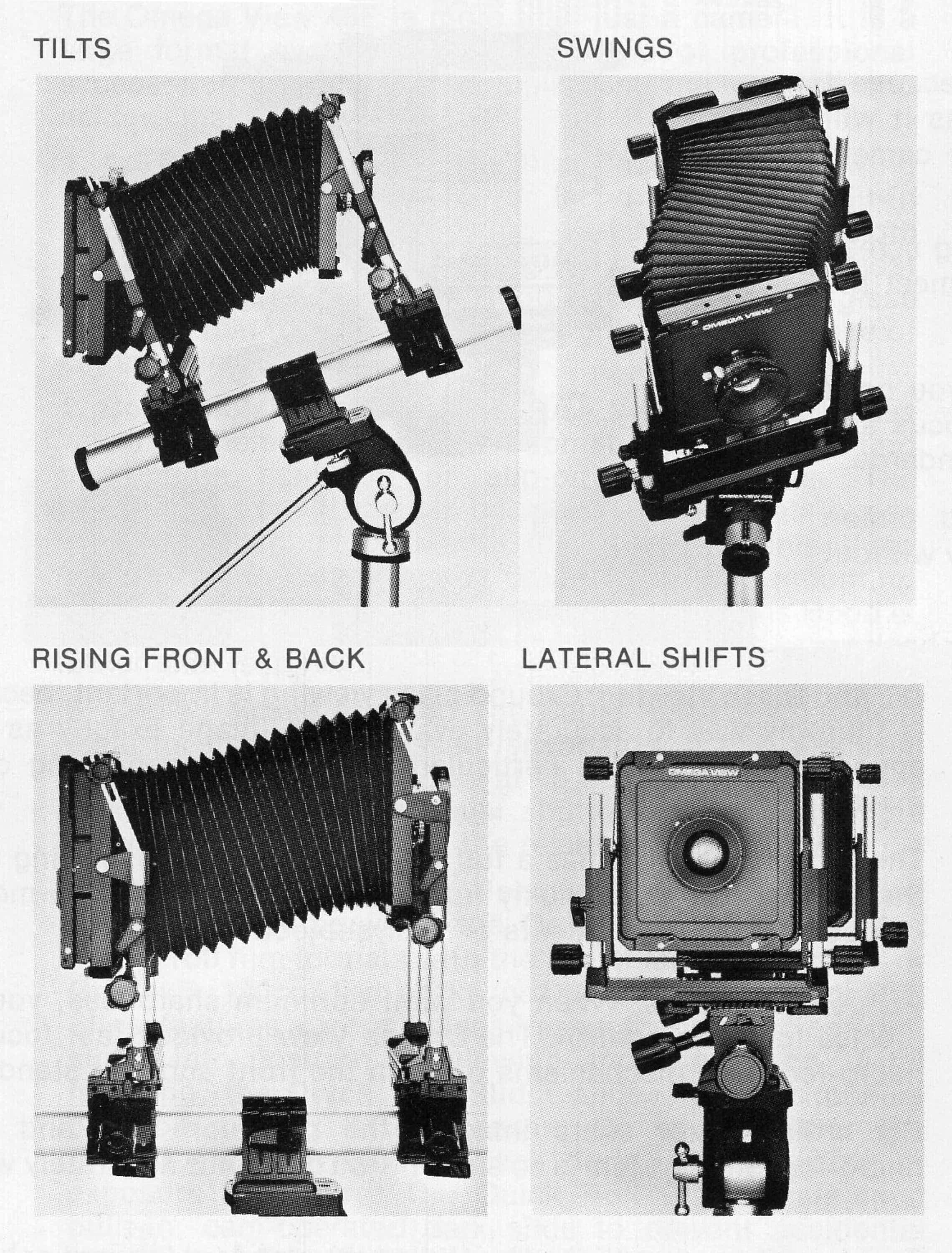 Four photographs demonstrating possible movements of the lensboard and rear-standard.