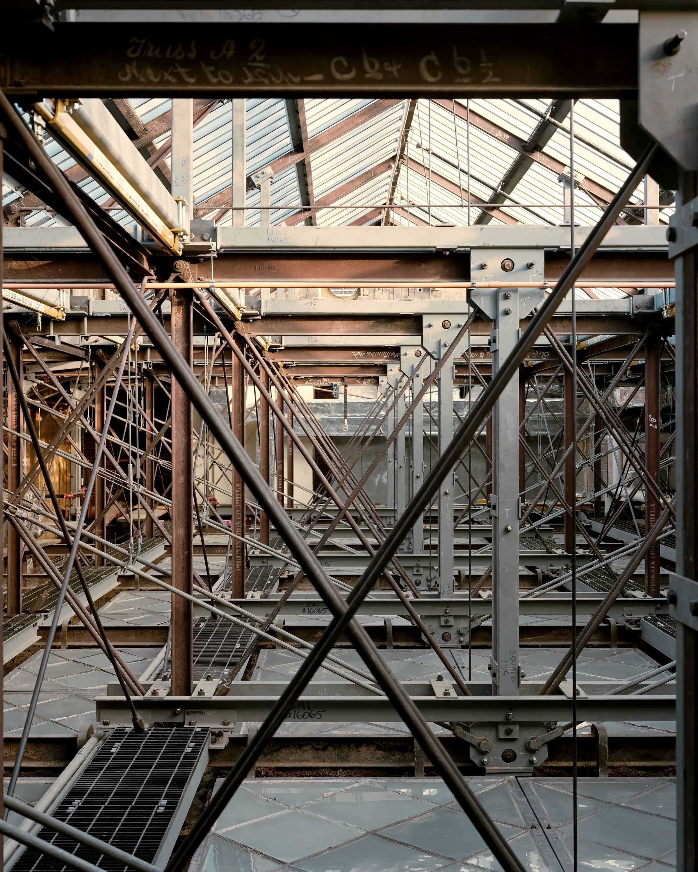 Frontal view of cabling and i-beams layout within the skylight system designed by Ziger|Snead Architects.