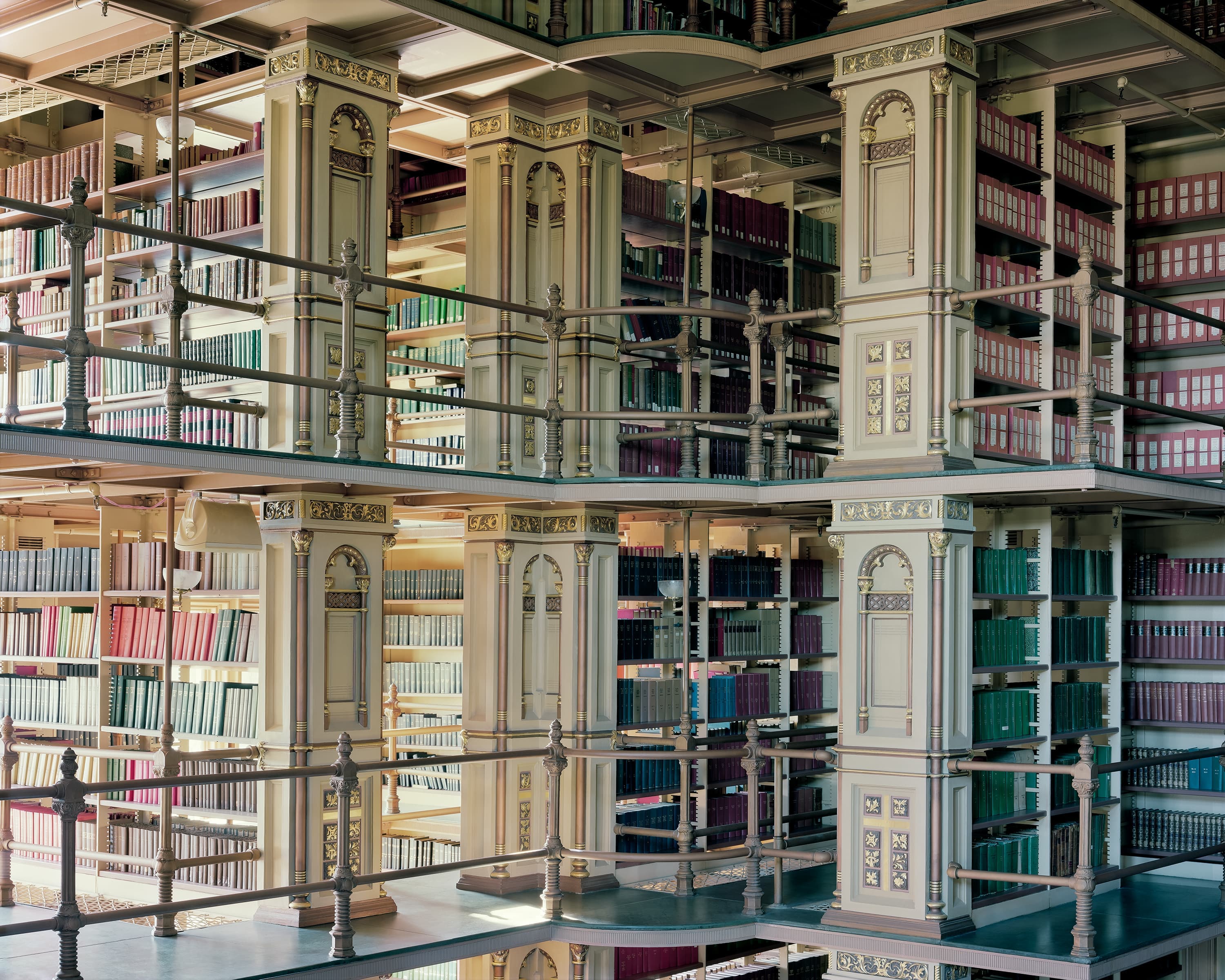 Historic Georgetown library, viewing multiple floors of shelves containing rare books.