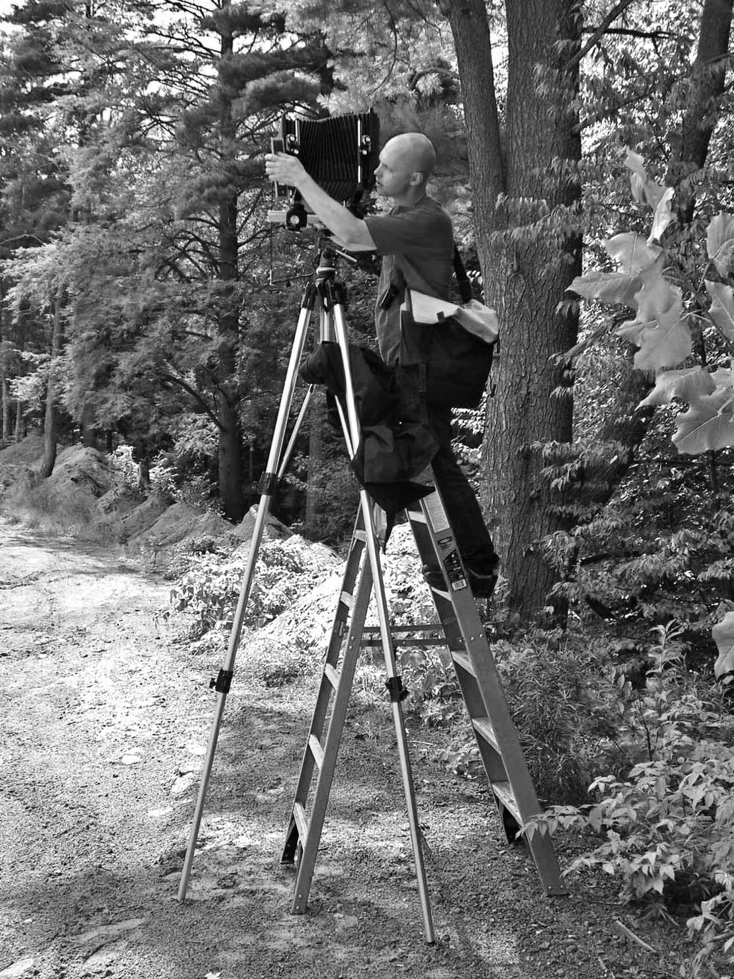 On a ladder focusing large format camera in woods.