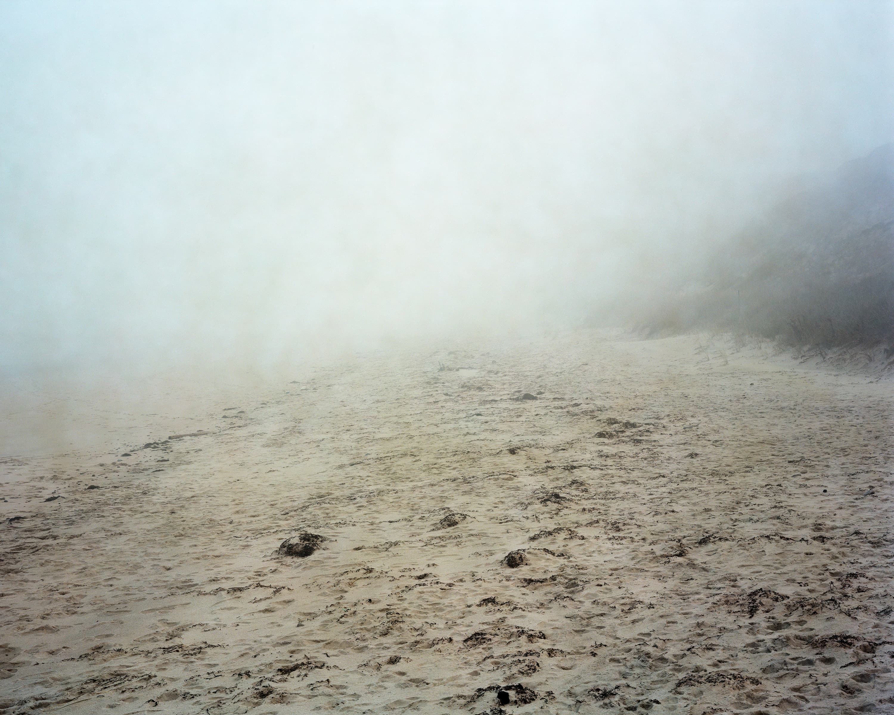 Beach covered in deep fog.