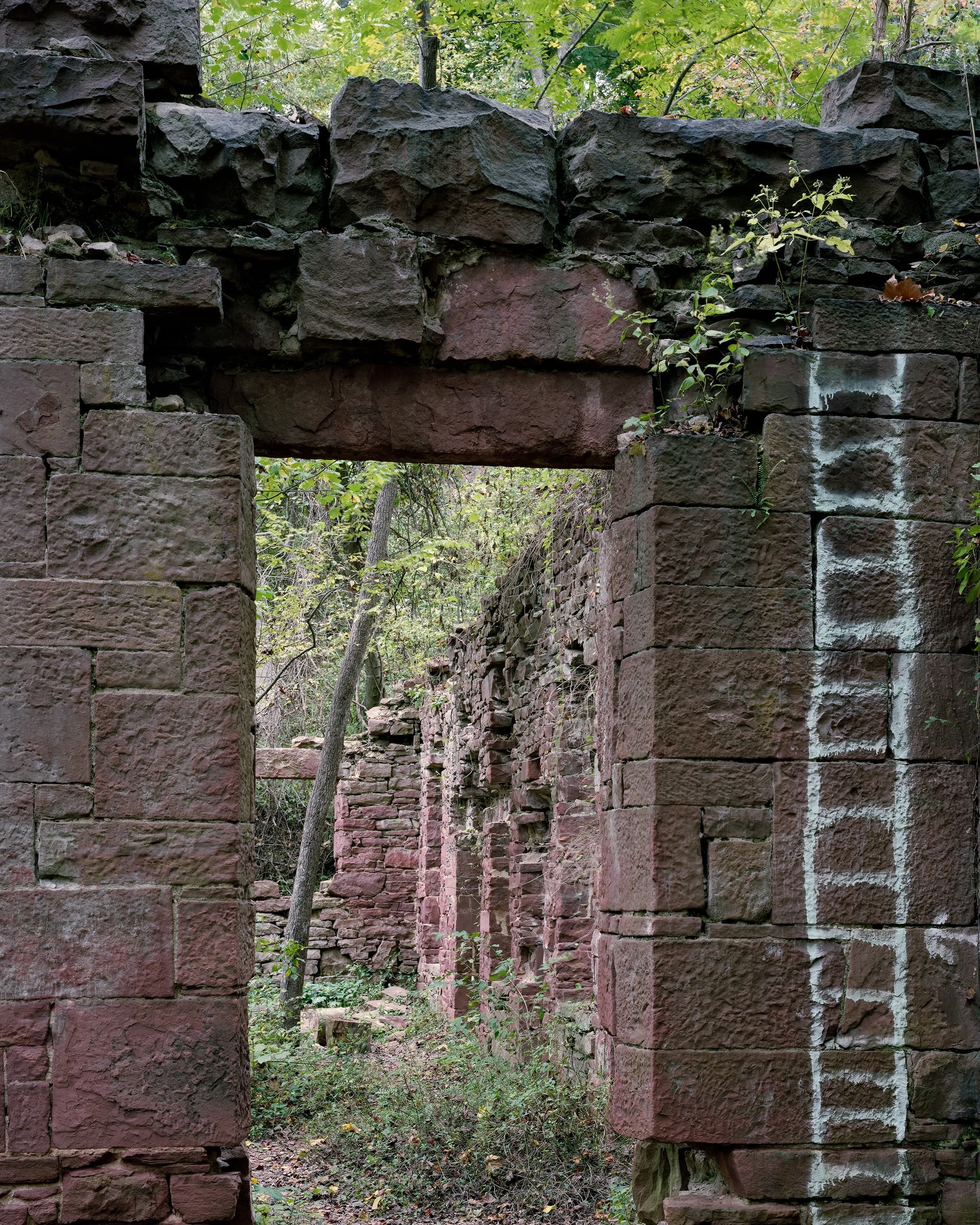 Painted ladder on the ruins of a stone mill.