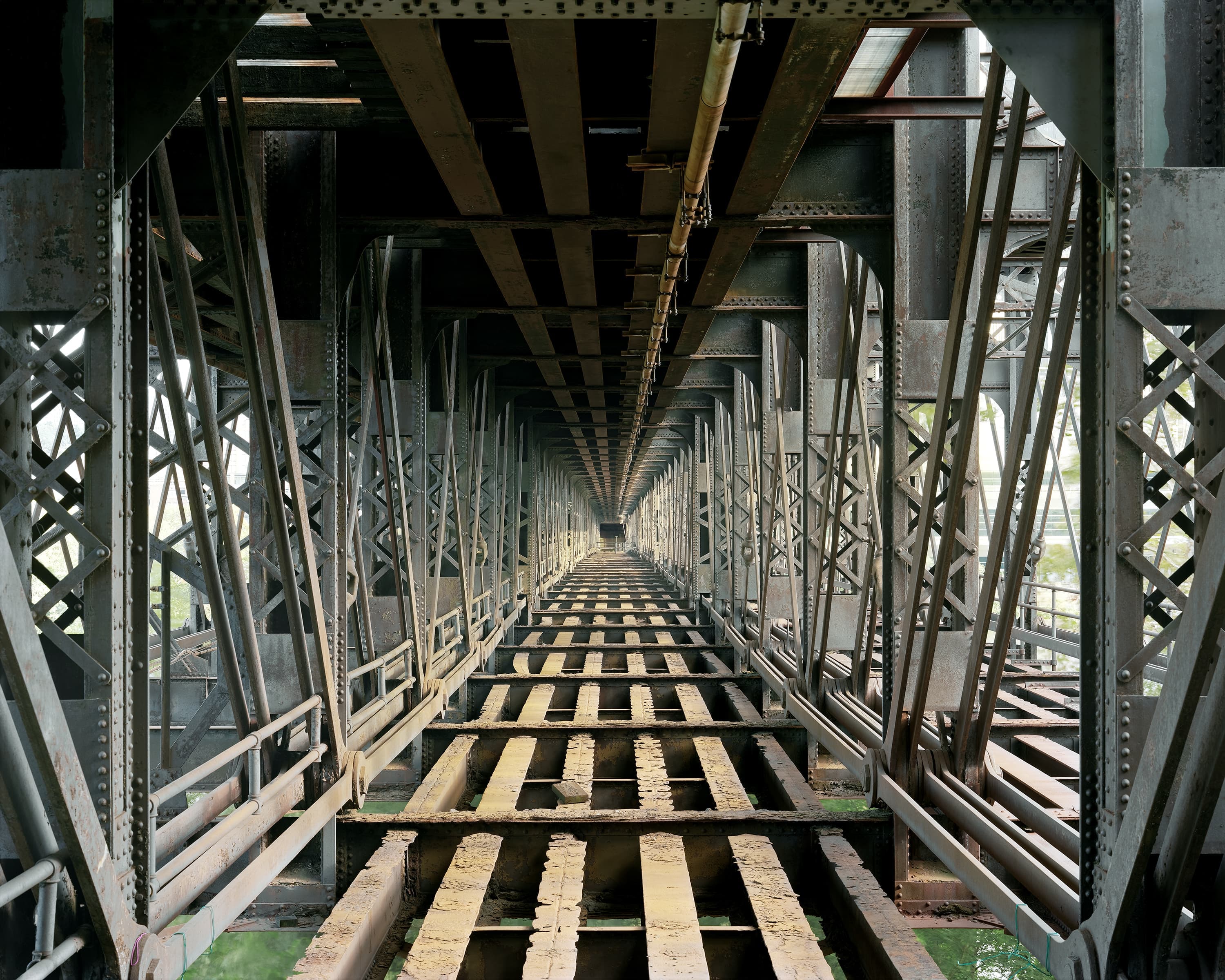 Inside the lower deck of through truss bridge over Allegheny River.