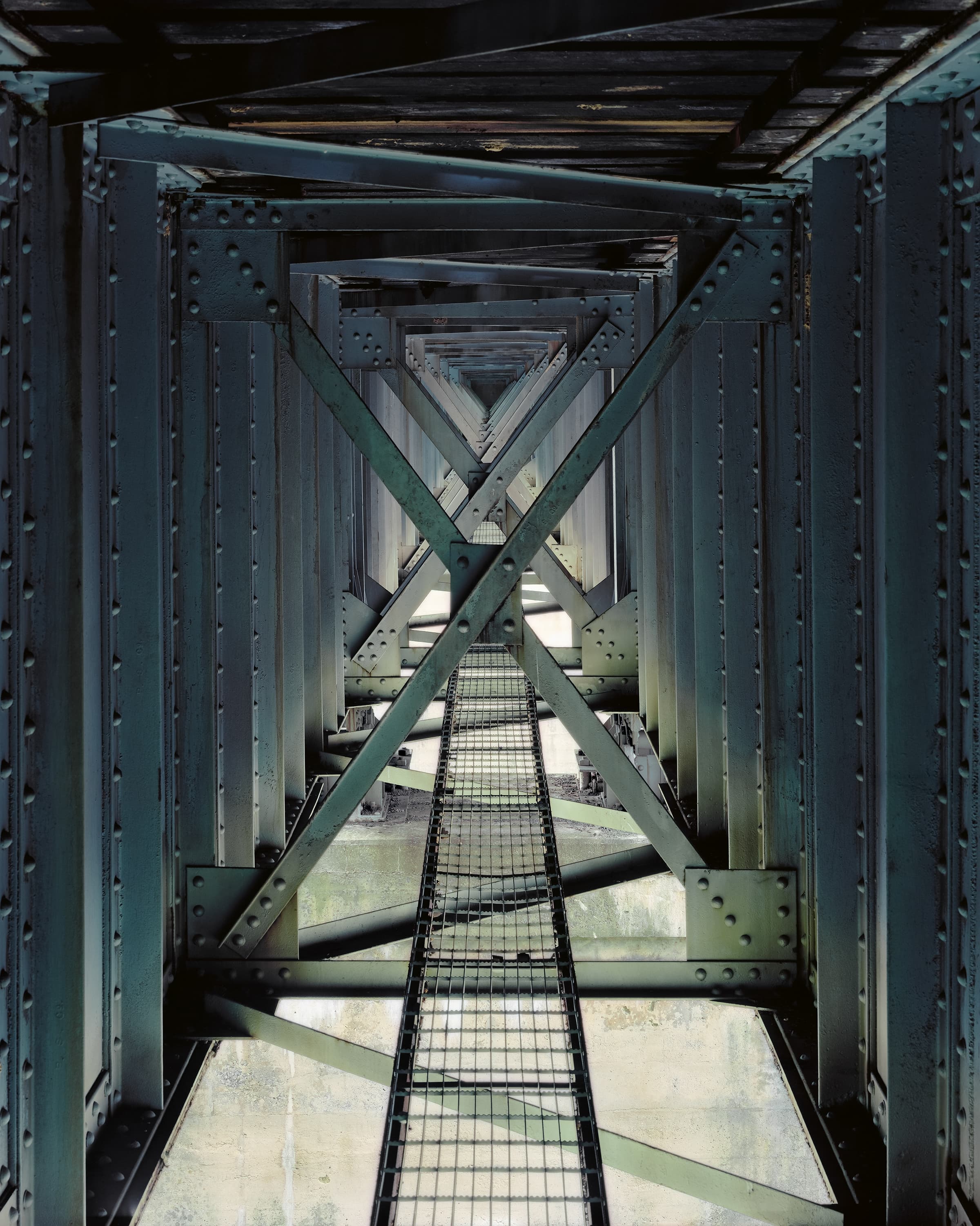 Interior of the deck truss of Western Maryland railway bridge.